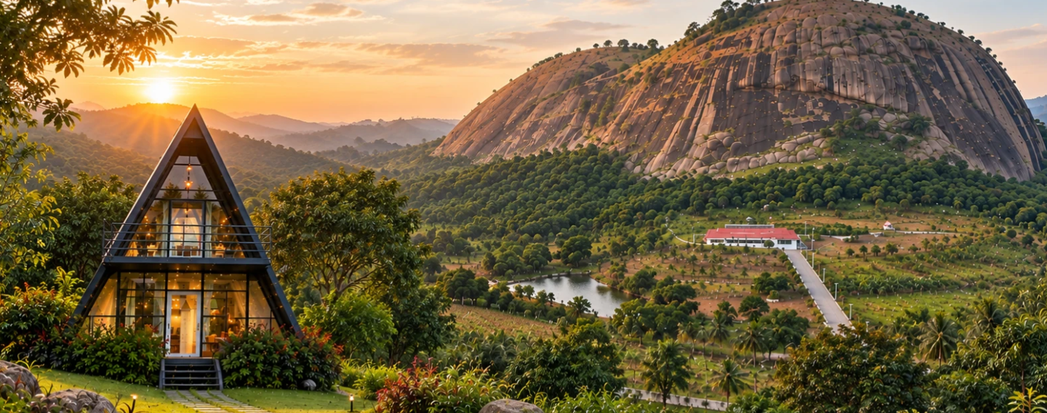Mountains & Mangoes landscape with rocky hills, farm villas and greenery in Ramanagara