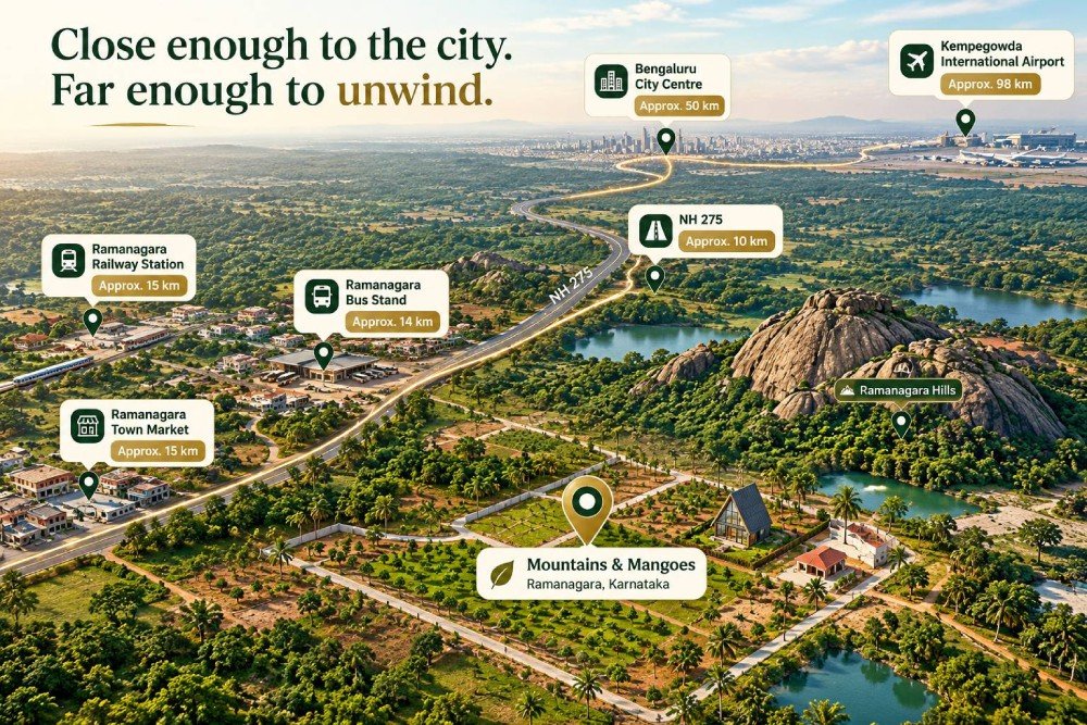 Connectivity map for Mountains & Mangoes in Ramanagara, Karnataka.